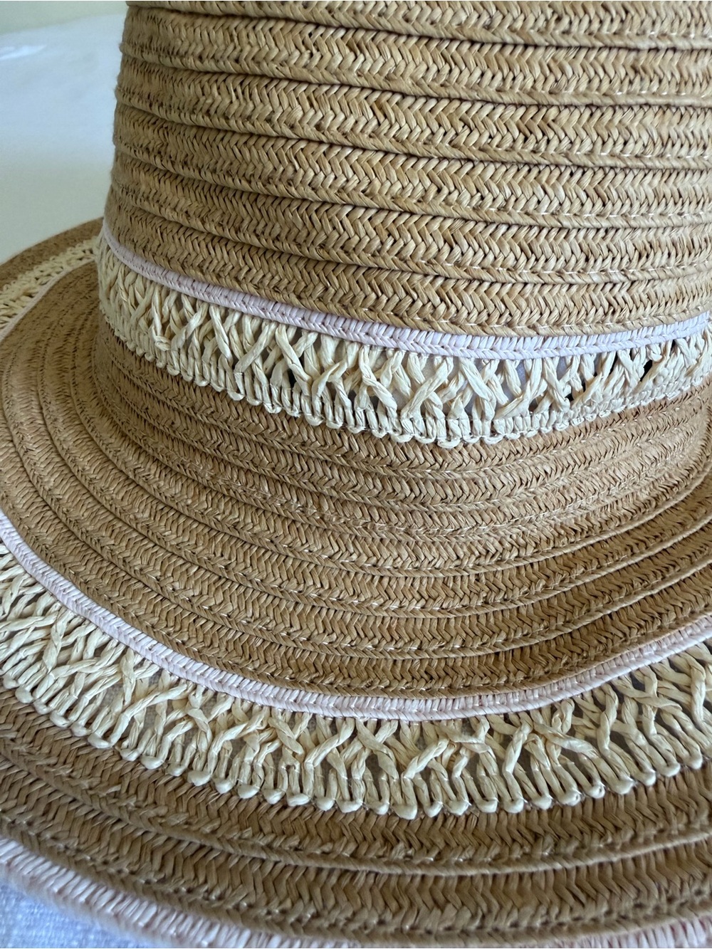 Women's Tan Straw Sun Hat with Cream Trim and Subtle Pink Edge - Picture 3 of 8